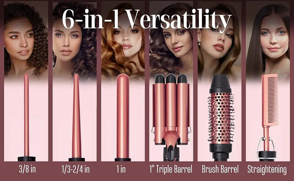 Kit Boucleur 6-en-1 Professionnel – Fer à Boucler Multifonction avec Embouts Interchangeables, Céramique Tourmaline, Chauffe Rapide & Protection Anti-Chaleur